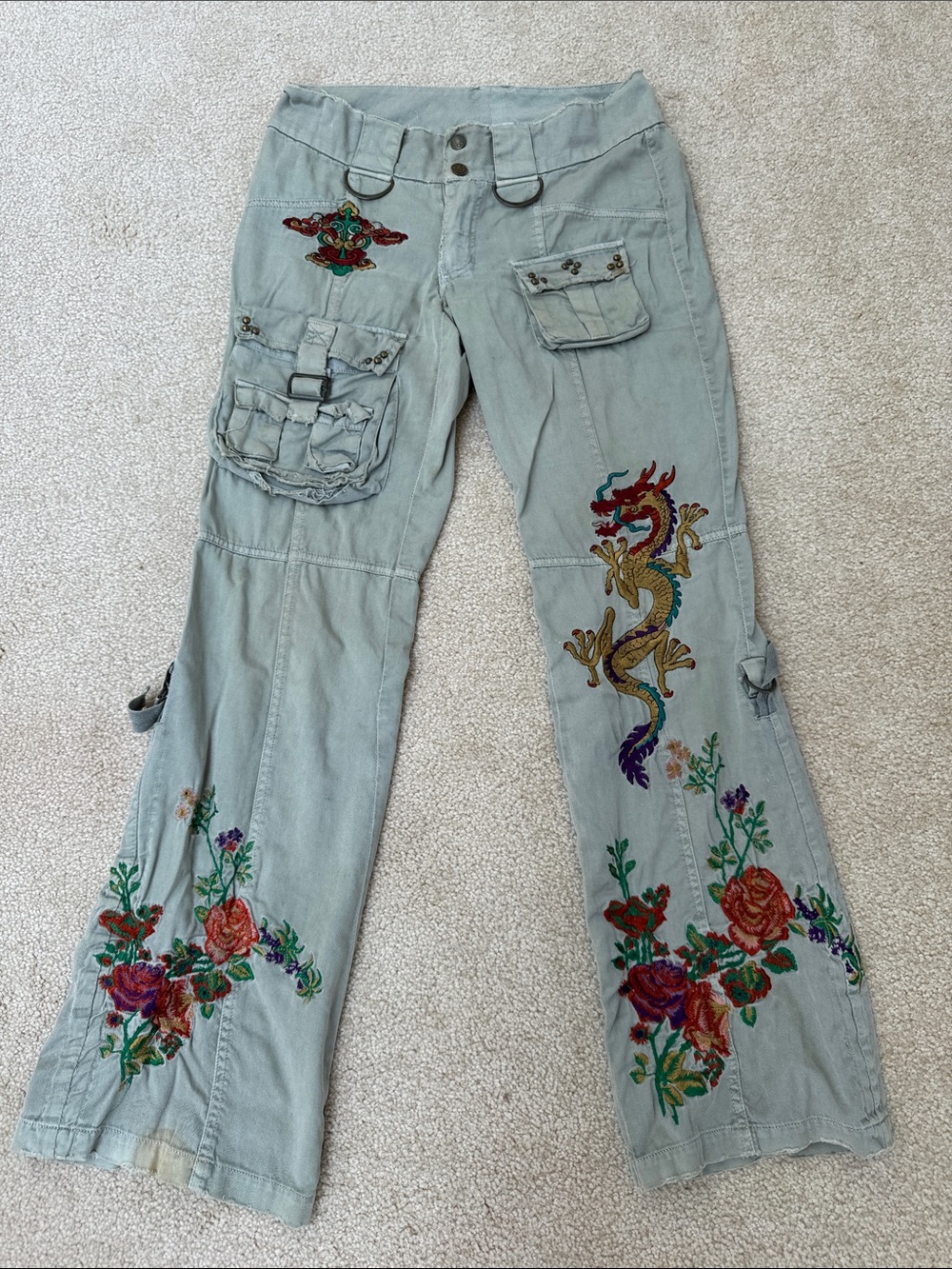 Carmar Light Sage Cargo Flare Jeans with Dragon & Floral Embroidery Y2K